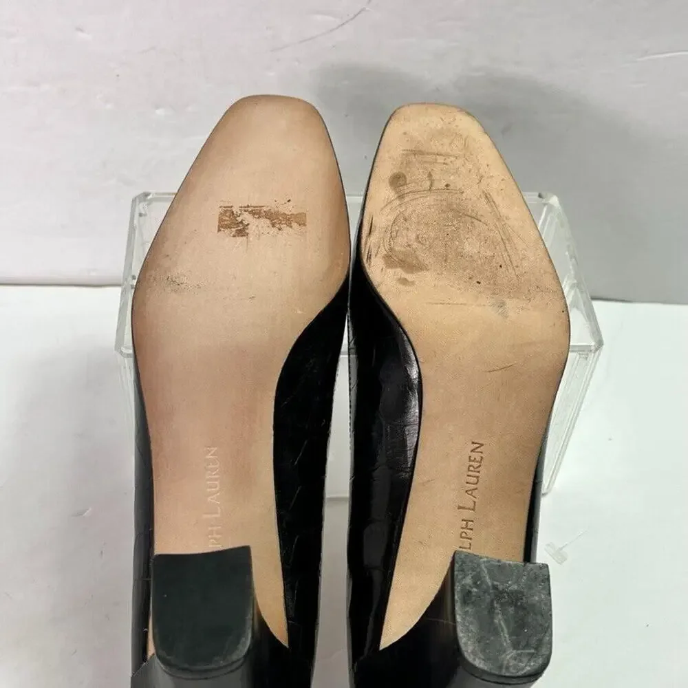 Ralph Lauren Pumps Womens 7AA Black Croc Print High Heel Square Toe Spain Made